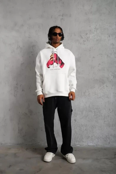 Erkek Eldiven Baskılı Kapüşonlu Sweat - Beyaz - Resim 4