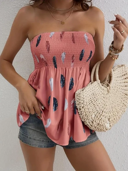 Kadın Yaprak Desenli Göğsü Gipeli Mosskrep Straplez Bluz - Resim 3