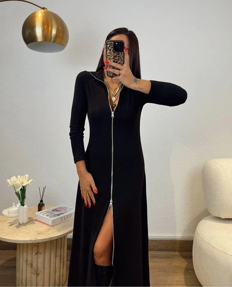 Kadın Uzun Kollu önden Fermuarlı Ithal Krep Elbise - Resim 10