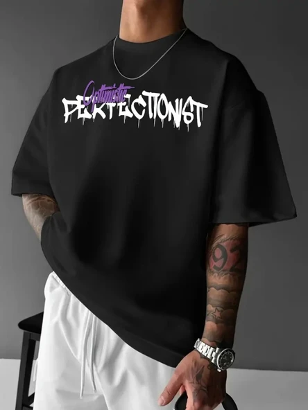 Baskılı Oversize Bisiklet Yaka T-shirt - Siyah - Resim 2