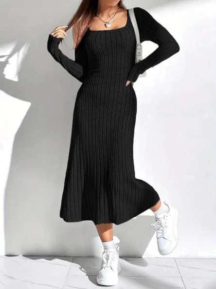 Kadın Uzun Kollu Kare Yakalı Midi şardonlu Kaşkorse Elbise - Resim 6