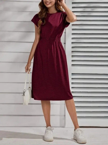 Kadın Kısa Kollu Bisiklet Yaka Belden Lastikli Midi Viskon Elbise ürün görseli