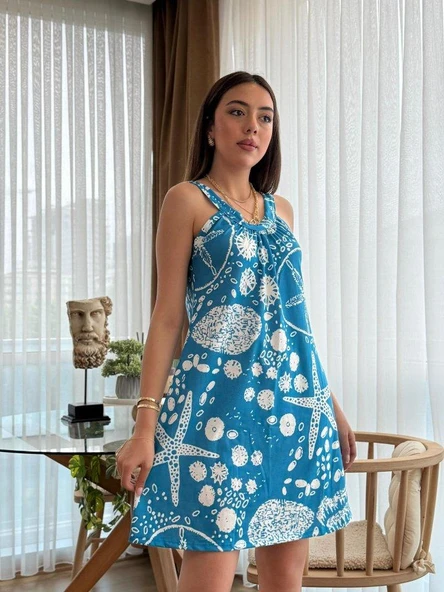 Kadın Askılı Deniz Yıldızı Desenli Süprem Elbise - Resim 2