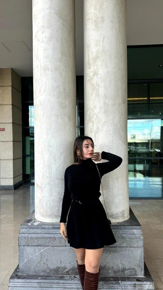 Kadın Uzun Kollu Balıkçı Yaka Salaş Kusa Akrilik Elbise - Resim 4