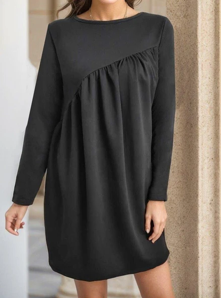 Kadın Uzun Kollu Bisiklet Yaka çapraz Büzgü Detay Iki Iplik Mini Boy Elbise - Resim 5