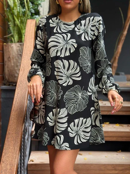 Kadın Uzun Kollu Bisiklet Yaka Desenli Kısa Krep Elbise - Resim 5