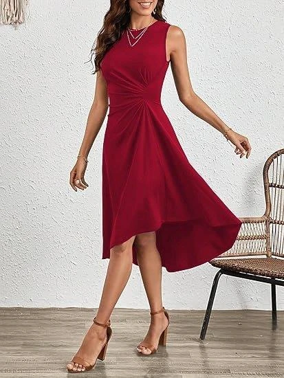 Kadın Sıfır Kollu Bisiklet Yaka Büzgülü Asimetrik Kesim Detaylı Janjan Krep Elbise - Resim 4