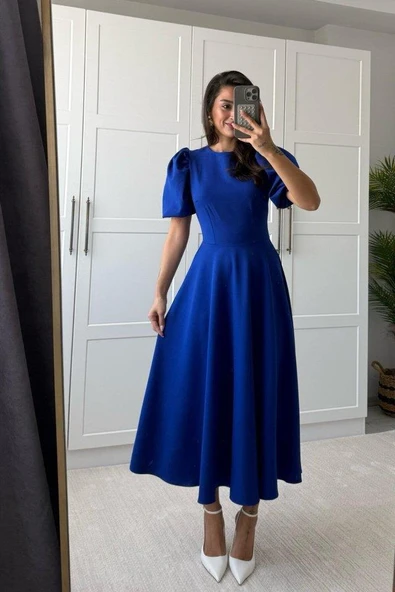 Kadın Kısa Balon Kollu Bisiklet Yaka Geniş Kesim Janjan Krep Elbise - Resim 7