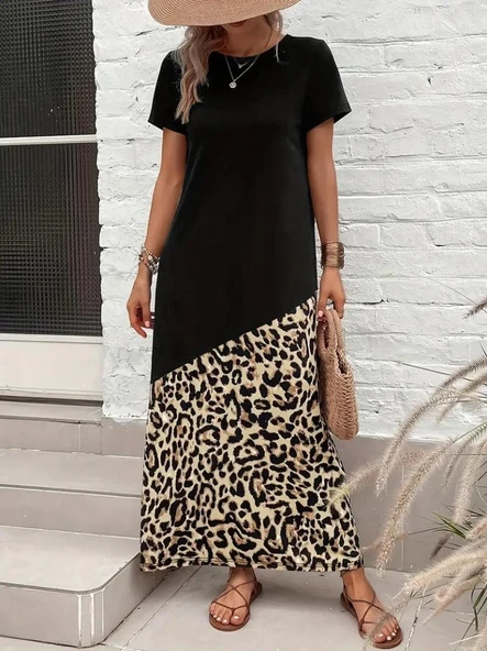 Kadın Kısa Kollu Bisiklet Yaka Leopar Detaylı Midi üst Viskon Alt Süprem Elbise - Resim 3