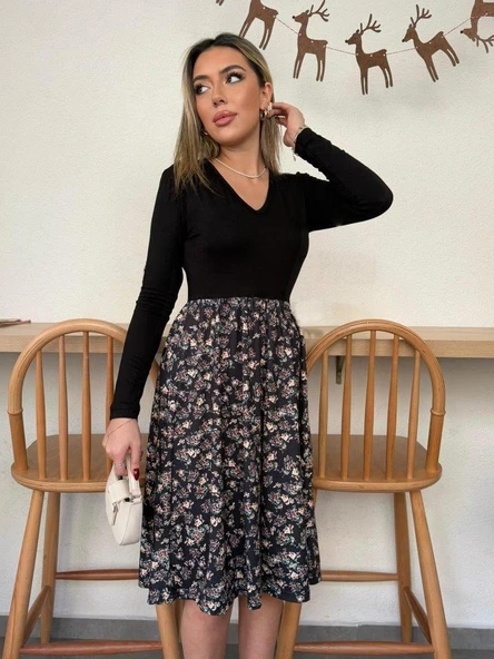 Kadın Uzun Kollu V Yakalı üst Viskon Alt çiçek Desenli Süprem Kısa Elbise - Resim 5