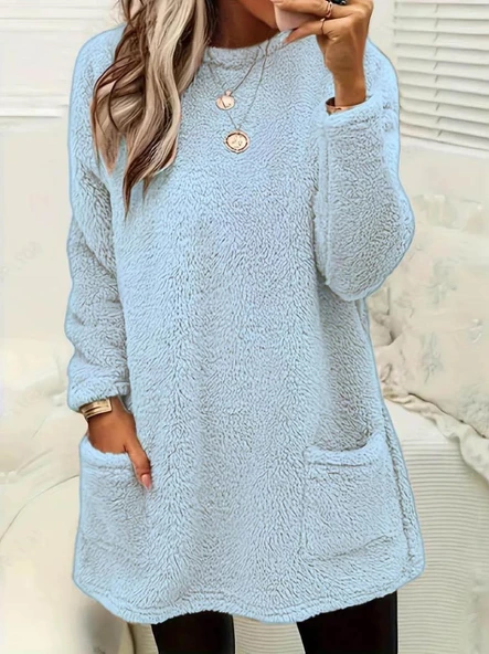 Kadın Uzun Kollu Yuvarlak Yakalı Cepli Peluş Bluz - Resim 3