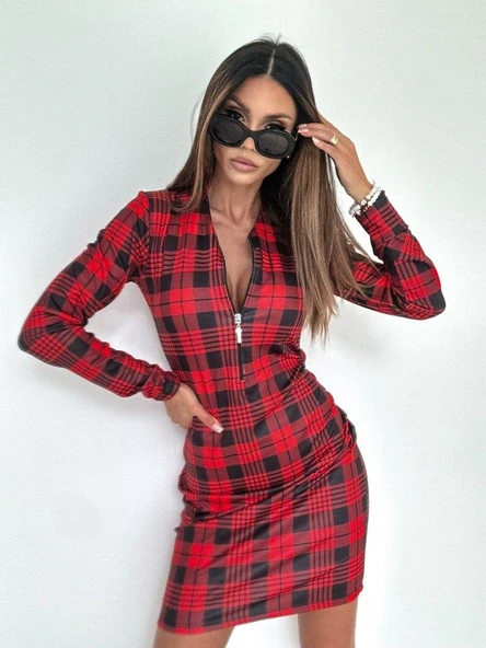 Kadın Uzun Kollu Fermuarlı Ekose Baskılı Dalgıç Elbise - Resim 3