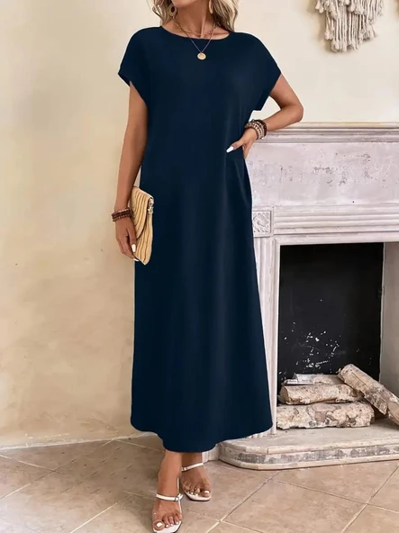 Kadın Uzun Kollu Yakası Açık Viskon Elbise - Resim 2