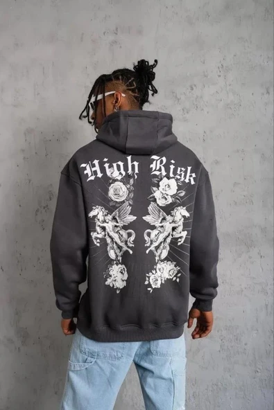 Erkek Baskılı Kapşonlu Sweat - Füme - Resim 2