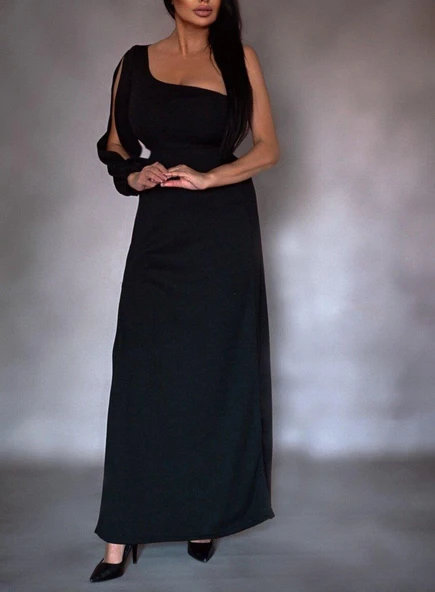 Tek Omuz Açık Derin Yırtmaçlı Krep Tam Boy Elbise - Resim 5