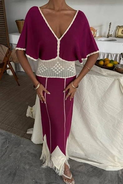 Dantel Desenli V Yaka Triko Elbise 2844 - Resim 3