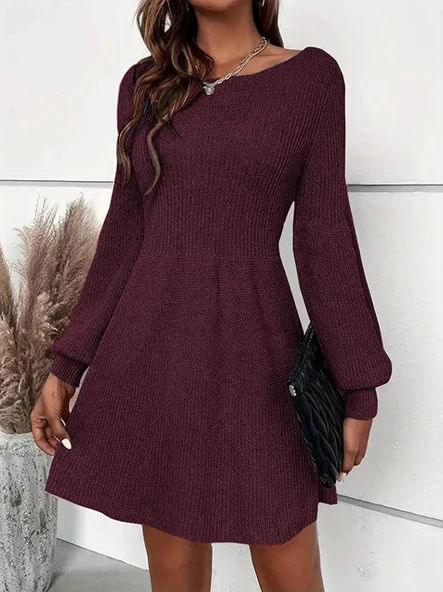 Kadın Uzun Kollu Kayık Yaka Kısa Triko Elbise ürün görseli