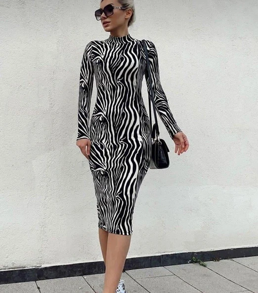Kadın Zebra Desen Süet Kumaş Fırsat ürün Midi Boy Elbise ürün görseli