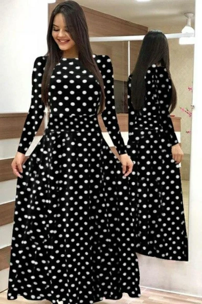 Kadın Krep Kumaş Uzun Kollu Tam Boy Puantiyeli Elbise 132 Cm - Resim 11