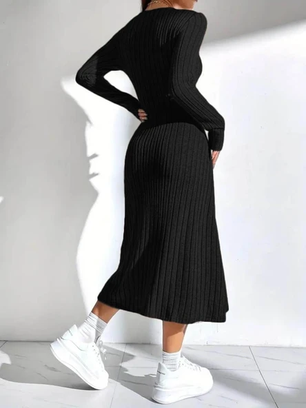 Kadın Uzun Kollu Kare Yakalı Midi şardonlu Kaşkorse Elbise - Resim 3