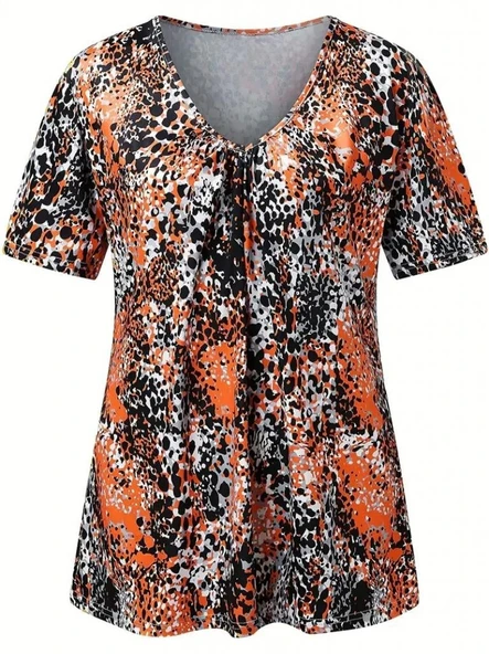 Kadın V Yaka Renkli Leopar Desen Büzgü Detay Süprem Bluz - Resim 4