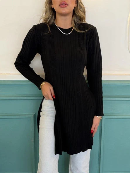 Kadın Uzun Kollu Bisiklet Yaka Iki Yandan Yırtmaç Detay Triko Bluz ürün görseli