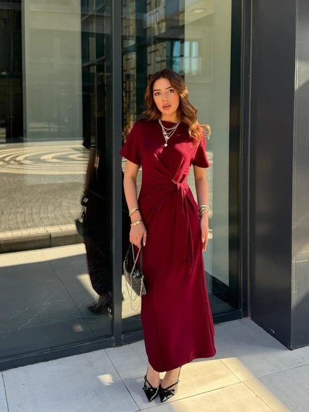 Kadın Kısa Kollu Bisiklet Yaka Yandan Bağlamalı Viskon Iki Iplik Elbise - Resim 2