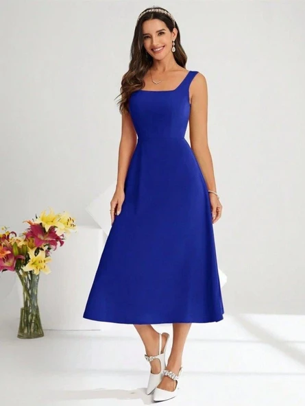 Kadın Askılı Kare Yakalı Midi Ithal Krep Elbise - Resim 4