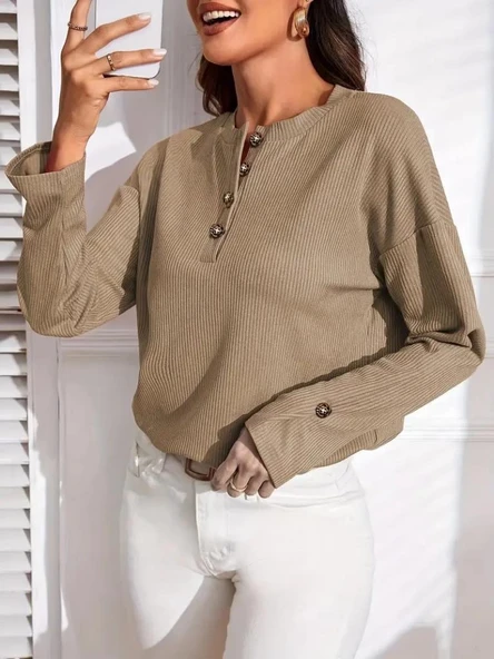 Kadın Uzun Kollu V Yakalı Düğmeli Salaş şardonlu Kaşkorse Bluz - Resim 3