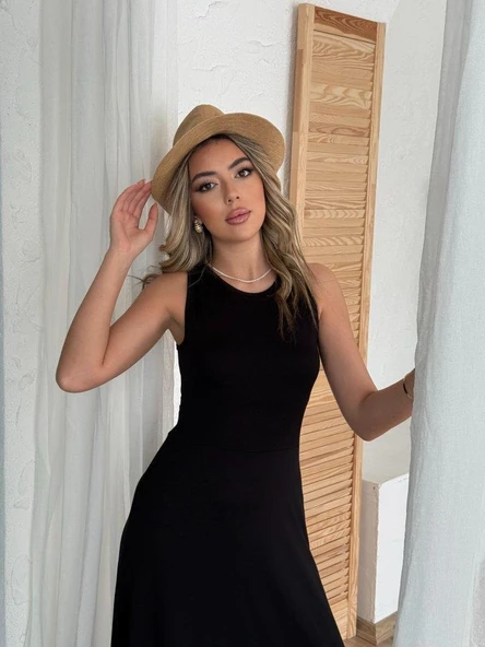 Kadın Arkadan çapraz Detay Yuvarlak Yaka Maksi Viskon Elbise - Resim 7