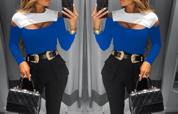 Kadın Uzun Kollu Bisiklet Yaka Göğüs Dekolteli Kaşkorse Bluz - Resim 3