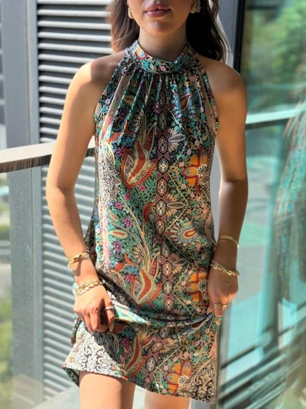 Kadın Kolsuz Boyundan Askılı Desenli Midi Süprem Elbise - Resim 2