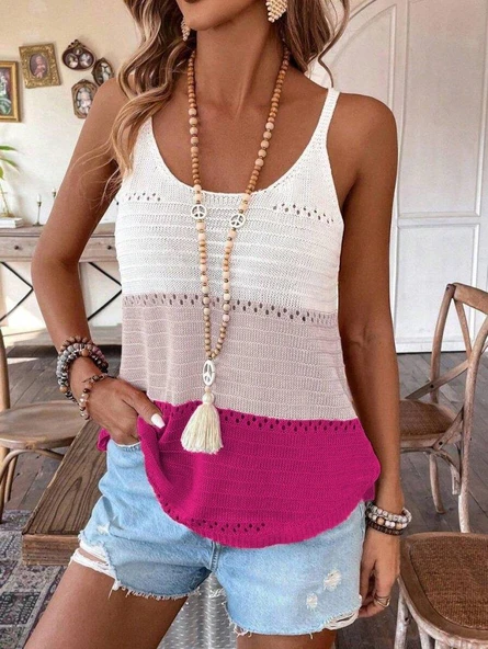 Kadın Askılı Yuvarlak Yaka çift Renkli Triko Bluz ürün görseli