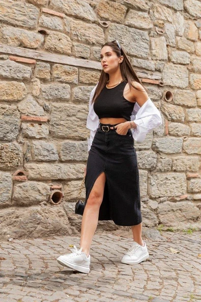 Kadın Yüksek Bel önden Yırtmaçlı Cepli Midi Kot Etek - 6