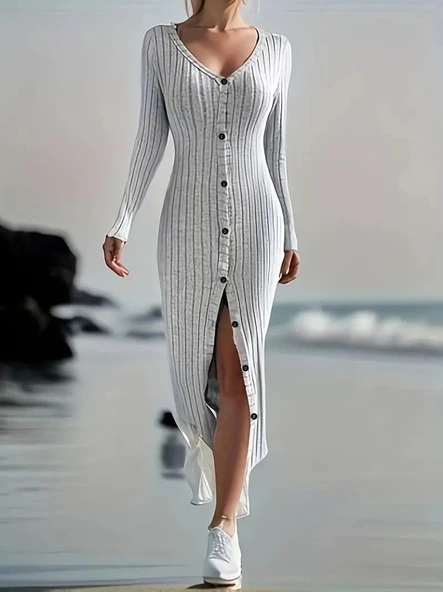 Kadın Uzun Kollu V Yakalı önden Düğmeli şardonlu Kaşkorse Elbise - Resim 2