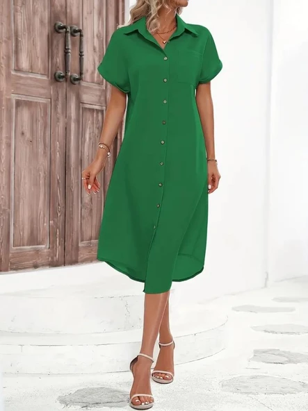 Kadın Kısa Kollu Yakalı Düğme Detay Midi Dokuma Elbise - Resim 5