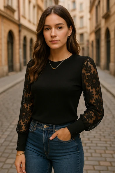 Kadın Uzun Kollu Bisiklet Yaka Kolları çiçekli Waffle Bluz ürün görseli