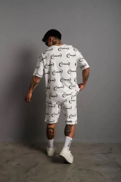Erkek Baskılı İkili Şortlu Takım - Beyaz - Resim 3