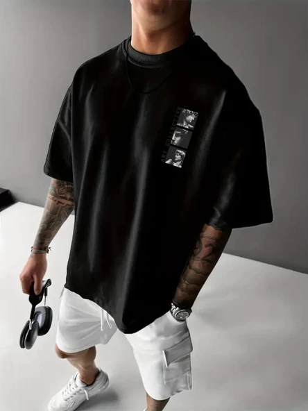 Baskılı Oversize Bisiklet Yaka T-shirt - Siyah - Resim 2