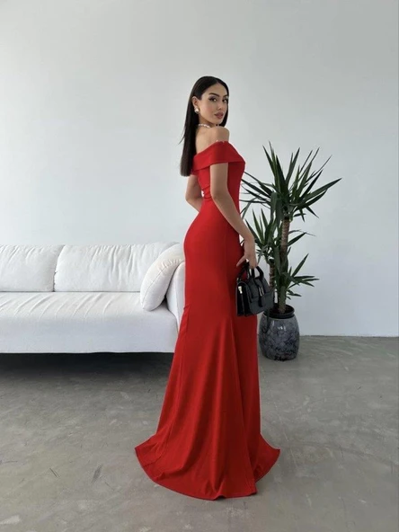 Kadın Dalgıç Kumaş Kayık Yaka Ve Dekolte Detaylı Elbise - Resim 5