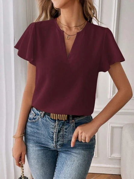 Kadın Kısa Kollu Kelebek Kollu V Yakalı Sandy Bluz - Resim 3