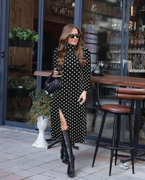 Kadın Uzun Kollu Balıkçı Yaka Yırtmaçlı Krep Elbise - Resim 3