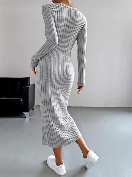 Kadın Uzun Kollu V Yakalı önden Düğmeli şardonlu Kaşkorse Elbise - Resim 4