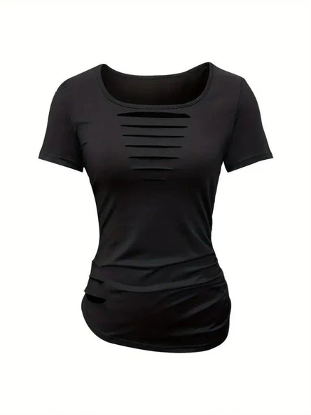 Kadın Kısa Kollu Yakası Açık Lazer Kesik Detaylı Viskon Bluz - Resim 4