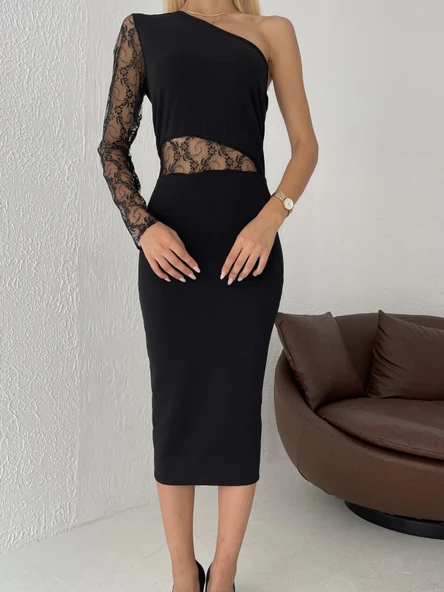 Kadın Siyah Tek Kol Dantel Detay Krep Elbise - Resim 8