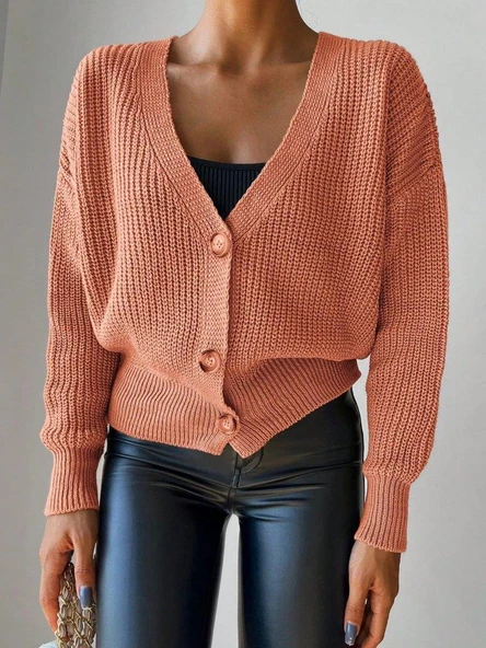 Kadın Uzun Kollu Düğme Detay Triko Bluz - Resim 5