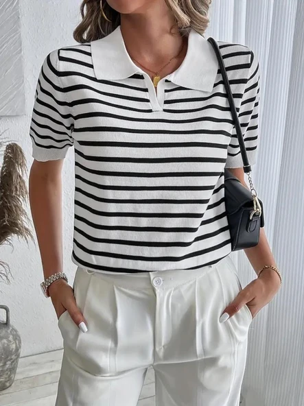 Kadın Kısa Kol Polo Yaka çizgi Desen Triko Bluz ürün görseli