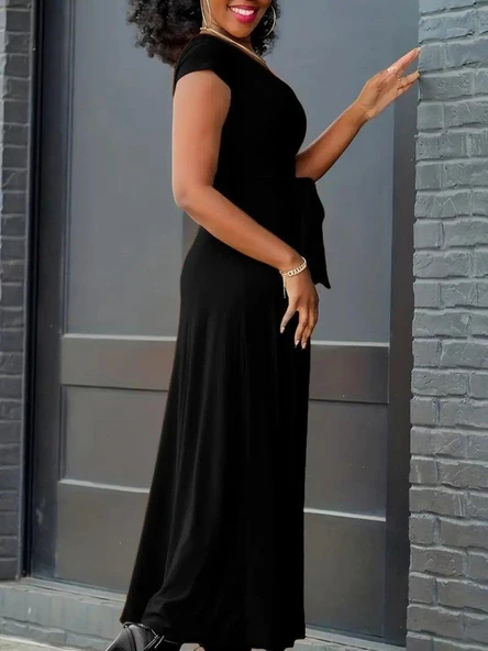 Kadın Kısa Kollu V Yakalı Belden Kuşaklı Maksi Boy Viskon Elbise - Resim 3