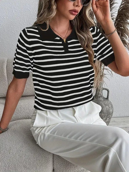 Kadın Kısa Kol Polo Yaka çizgi Desen Triko Bluz ürün görseli