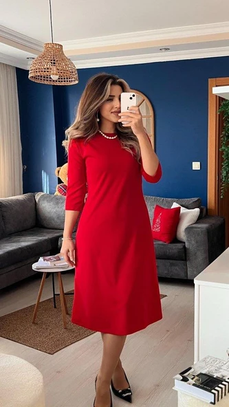 Kadın Uzun Kollu Bisiklet Yaka Midi Ithal Krep Elbise - Resim 3